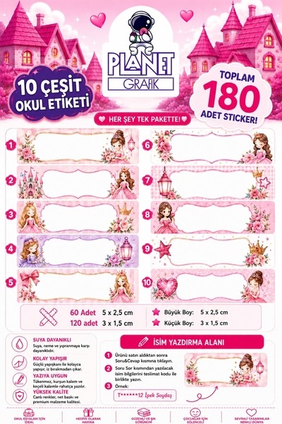 Planet Grafik Okul Etiketi Kalem Defter Kişiye Özel İsimli Etiket - 180 Adet