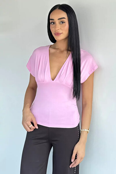 TOZLU Women's V-Neck Side Gathered Blouse