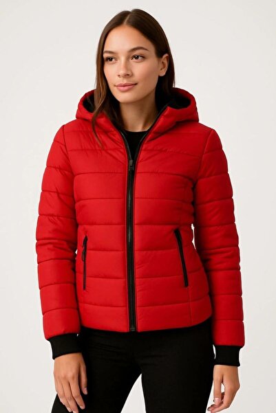 VELİZADE New Season Women's Red Hooded Zippered Water Repellent Inflatable Co...