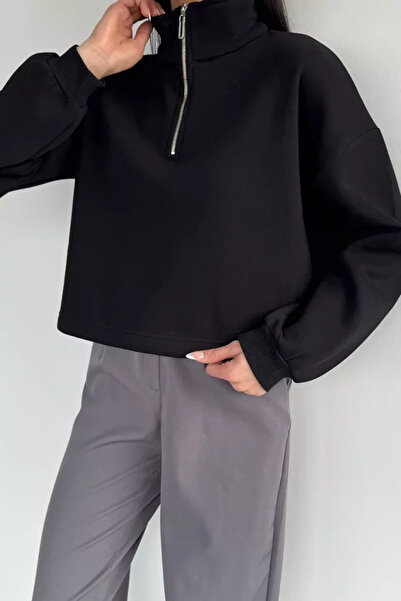 TOZLU Gülseli Women's Polo Collar Half-Zipper Embroidered Sweatshirt