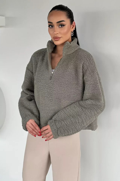 TOZLU Gülseli Half-Zip Sweatshirt with Elastic Waist Detail