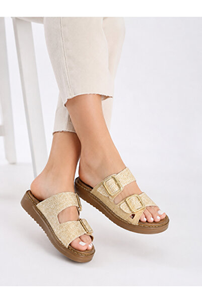 MULEX Women's Straw Detailed Thick Comfort Sole Stitched Slippers