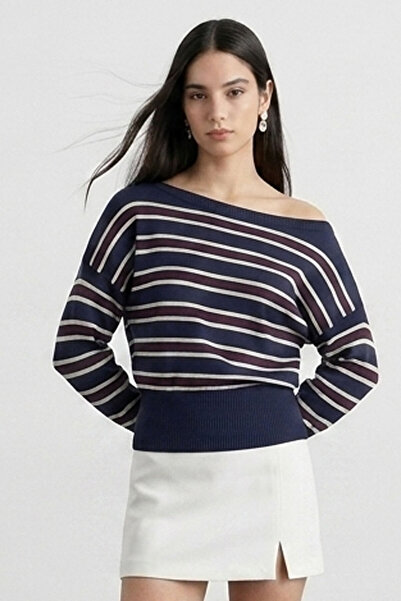 Şiir Tekstil Dust Soft Textured Asymmetrical Rib Cut Boat Neck Low Sleeve Kni...