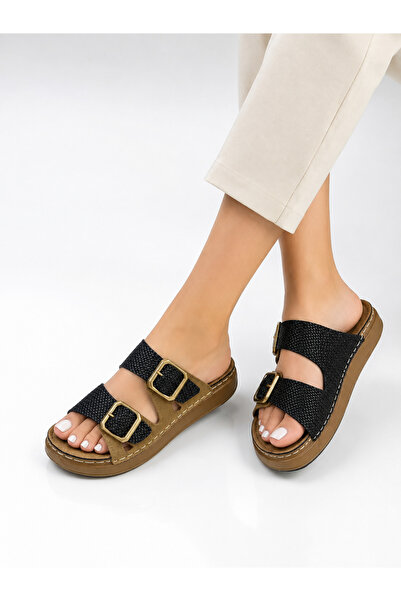 MULEX Women's Straw Detailed Thick Comfort Sole Stitched Slippers