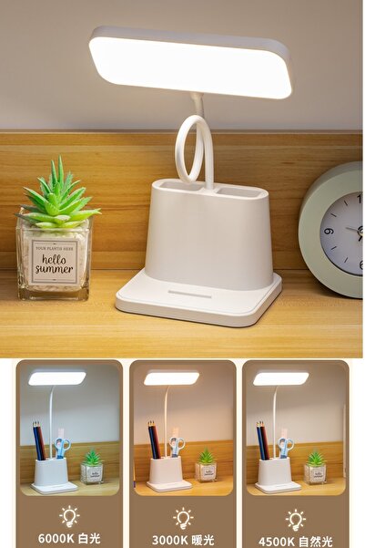 Kitchen Beauty Şarjlı Masa Lambası 3 Renk Dokunmatik Telefon Standlı Kalemlikli Ders Çalışma Okuma Işığı Gece Lambası