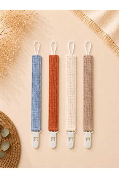 3Baby 4 Adet Emzik Askısı /Emzik Tutucu / 8 Katlı Müslin, Plastik Klips, Soft Renk