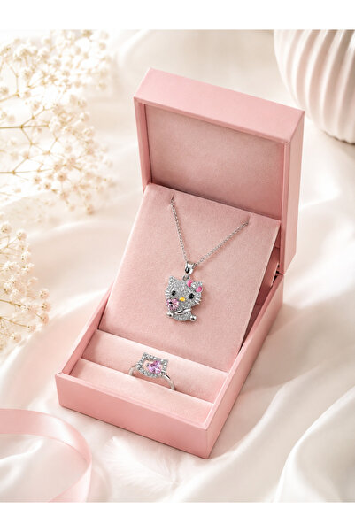 shop HELLO KITTY PEMBE TAŞLI KOLYE VE AYARLANABİLİR YÜZÜK SETİ ÇELİK
