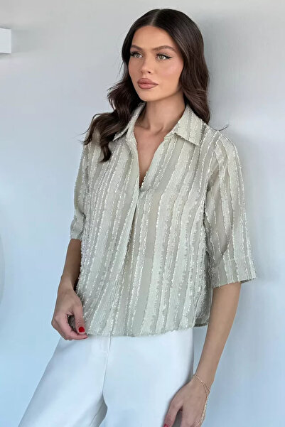 TOZLU Women's Polo Collar Embossed Patterned Blouse