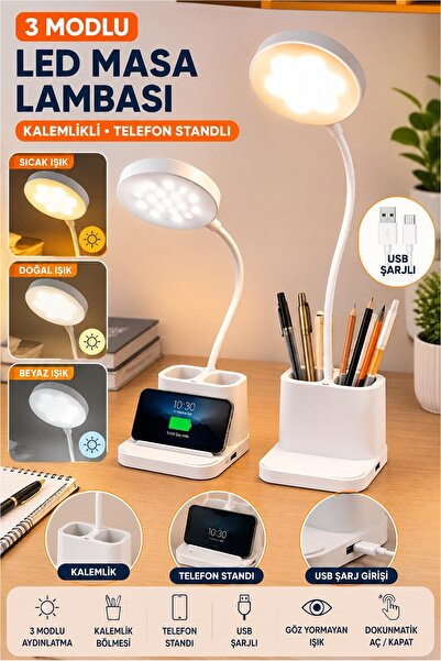 Kitchen Beauty Şarjlı Ve Dokunmatik Masa Lambası 3 Renk Telefon Standlı Kalem...