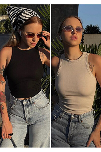 Bianna Kadın Siyah Beyaz Halter Yaka WellFitted Vücudu Saran Crop Fitilli Atl...