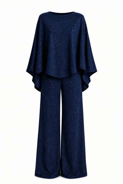 EVOA Women's Navy Blue Glitter Cape Blouse and Palazzo Set