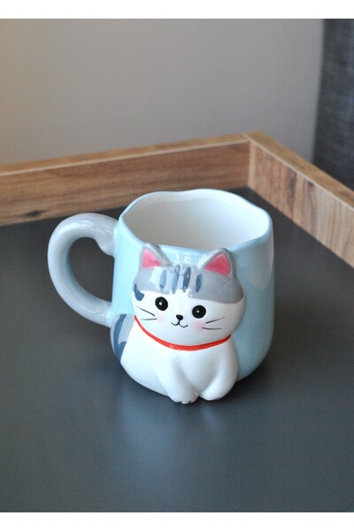 Qualitev 1 Adet Mavi Beyaz Kupa Mug 450 ml Mavili Kedi Figürlü Kahve Çay Kupa...