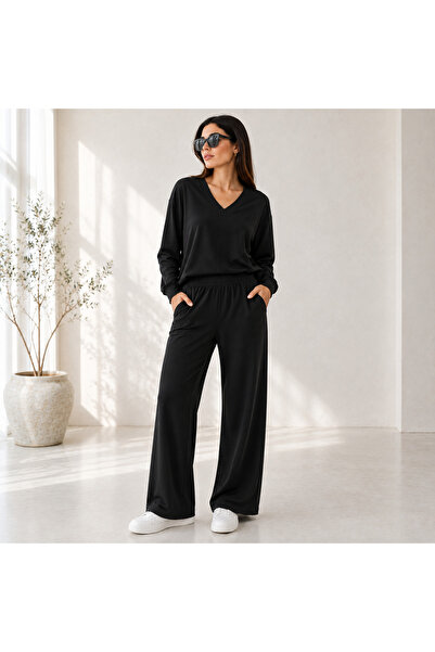 LEONE KOLEKSİYON Women's V-Neck Long Sleeve Modal Comfortable Pants Set