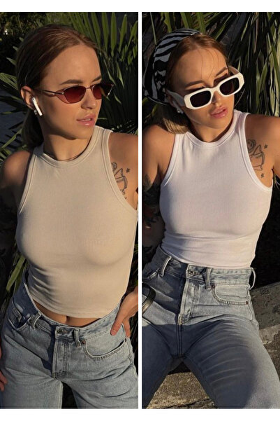 Kadın Siyah Beyaz Halter Yaka WellFitted Vücudu Saran Crop Fitilli Atlet İkili Paket