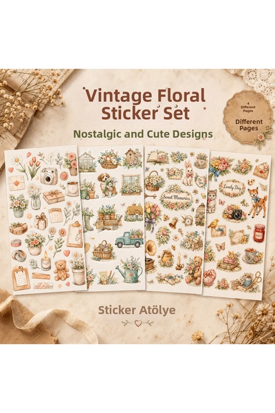 StickerAtölye مجموعة ملصقات زهور عتيقة الطراز 4 أوراق - ملصق زخرفي لدفتر اليو...