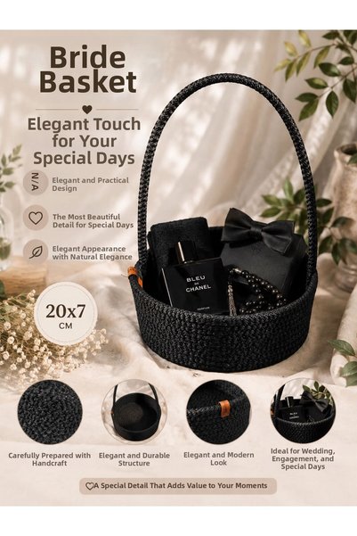 EYLCOTTON Wicker Jute Black Groom Basket, Candy Bowl, Henna, Wedding, Promise Basket, Handcrafted 20X7