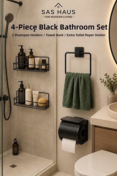 Sas Haus 4-Piece Black Adhesive Bathroom Accessory Set – 2-Piece Shower Shelf...