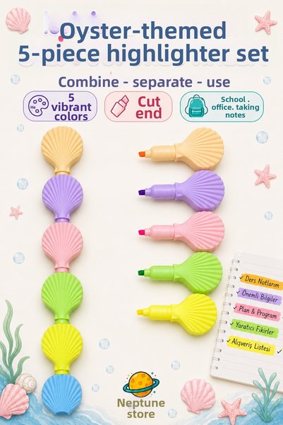 neptünstore 5-Piece Mussels and Oysters Design Highlighter Pen Set