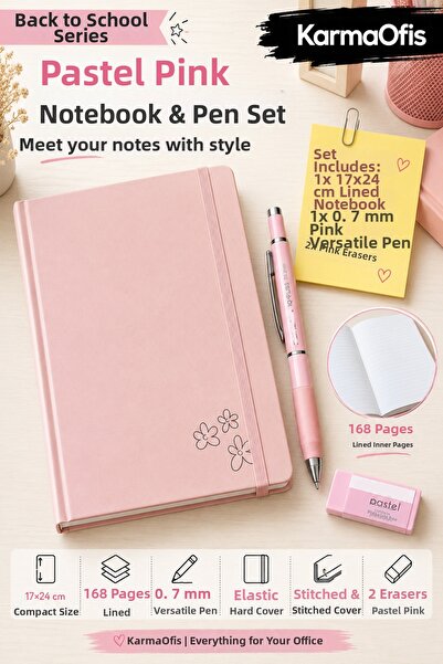 KarmaOfis Pastel Pink 17X24 cm 168 Sheets Lined Elastic Notebook Set – 0.7 Ve...