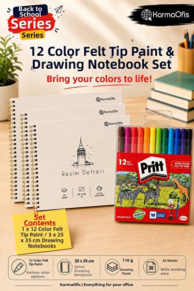KarmaOfis 12 Color Felt-Tip Pens and 3 Pieces of 110 Gr 30 Yp 25X35 cm Spiral...