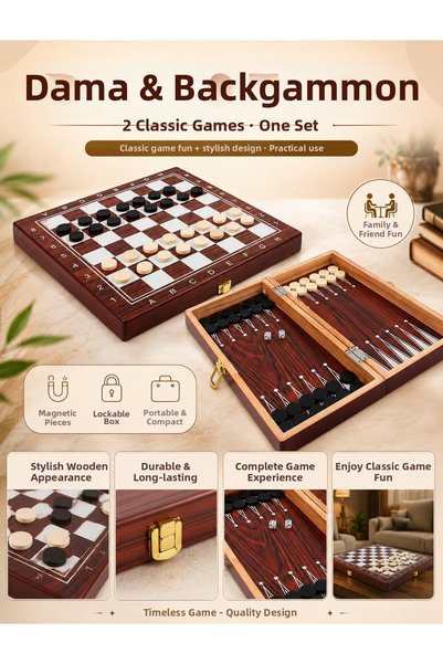 METTREND 3-in-1 Wooden Chess Checkers Backgammon Set Foldable Interlocking Pieces Classic Game Set Gift Set 34cm
