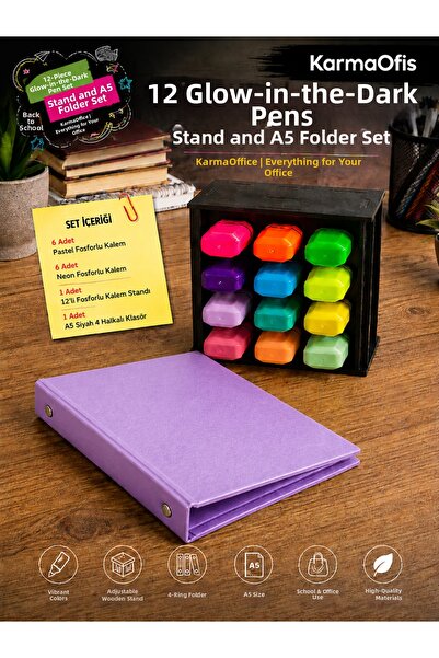 KarmaOfis 12-Pack Highlighter Pen Stand and A5 4-Ring Lilac Folder Set |   6 ...
