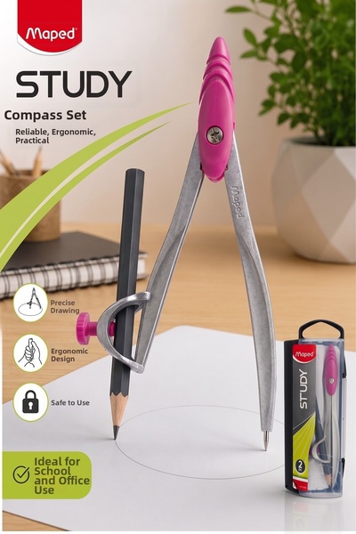 Artmaster Pink Metal Compass with Pencil 1 Piece Maped Study 119410 Compass M...
