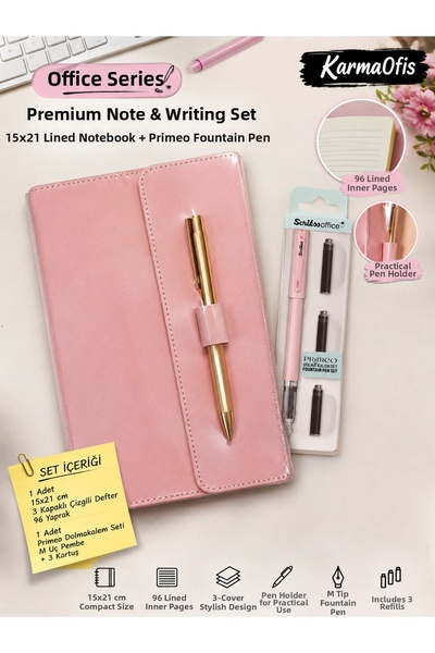 KarmaOfis Powder Pink Color 15X21 Pen, 3 Covers, 96 Sheets Lined Notebook and...