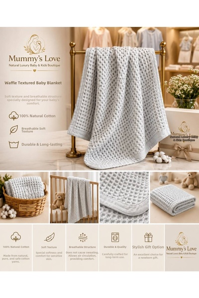 Mummys Love Waffle Baby Blanket 100*120cm - 100% Natural Cotton - Blue