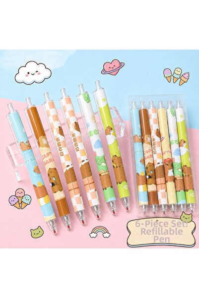 synshop 6-Piece Kawaii Cute Capybara Capibara Patterned Ballpoint Pen Set Pus...