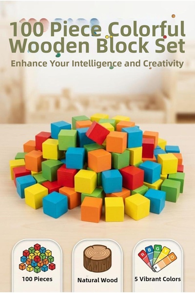 Tıfıl Toys Natural Wood 100-Piece Colorful Cube Set |   Wooden Blocks for Chi...