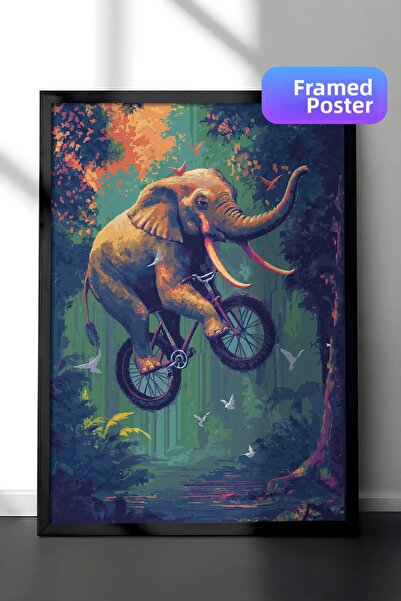 Zestia Pictură de perete cu artă digitală în cadru negru, elefant pe biciclet...