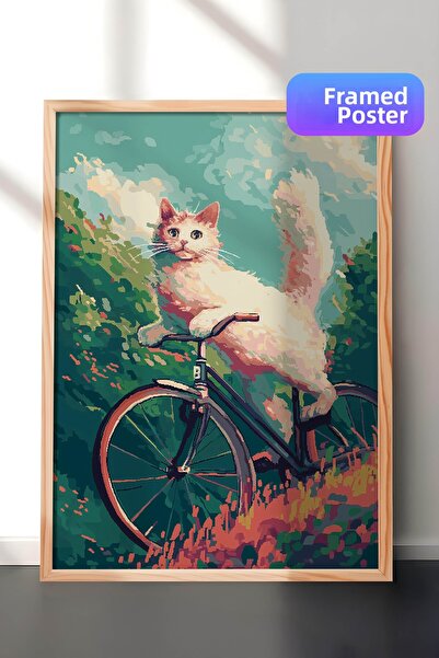 Zestia Pictură murală Pixel Art cu ramă din lemn, Pisică albă călărind o bici...