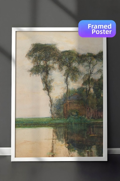 Zestia Πίνακας τοίχου Piet Mondrian με λευκό πλαίσιο, Δέντρα στην ακτή του πο...