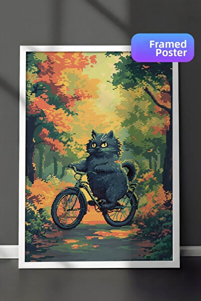 Zestia Pictură murală Pixel Art cu ramă albă, Pisică cu bicicletă în toamnă, ...