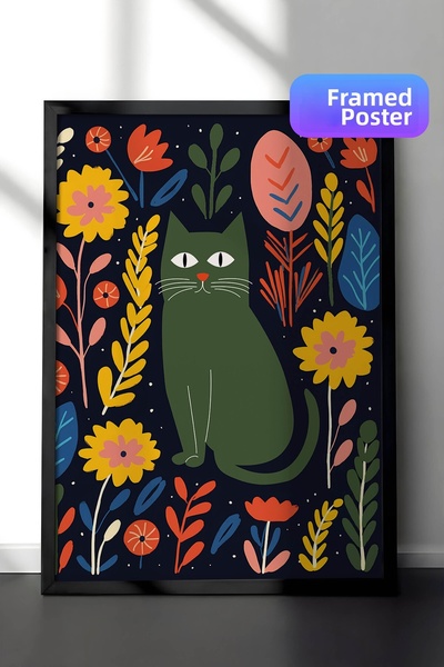 Zestia Black Framed Naive Art Wall Painting, Cat and Wildflowers on Navy Blue...
