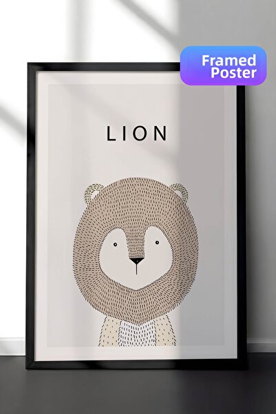 Zestia Black Framed Scandinavian Wall Art, Cute Lion Child and Baby Room Deco...