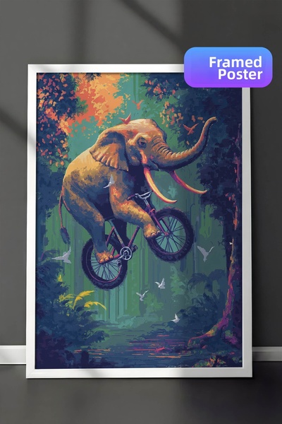 Zestia Pictură de perete cu artă digitală în cadru alb, elefant pe bicicletă ...