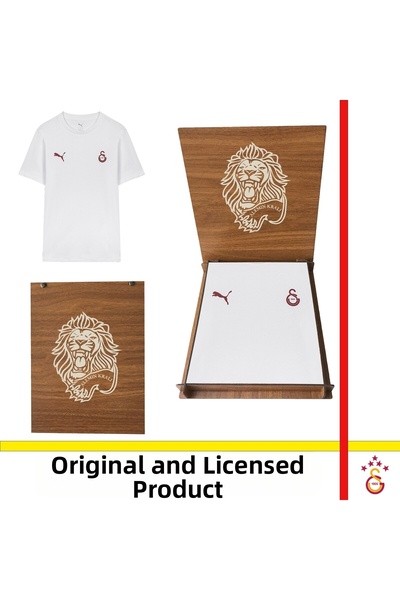 Galatasaray Licensed Puma White T-Shirt with Logo and Emblem with Lion Wooden...