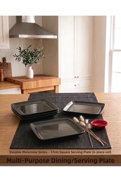 BİODATA 6 Pieces 17 cm Black Square Serving Plate Unbreakable Melamine Cake P...