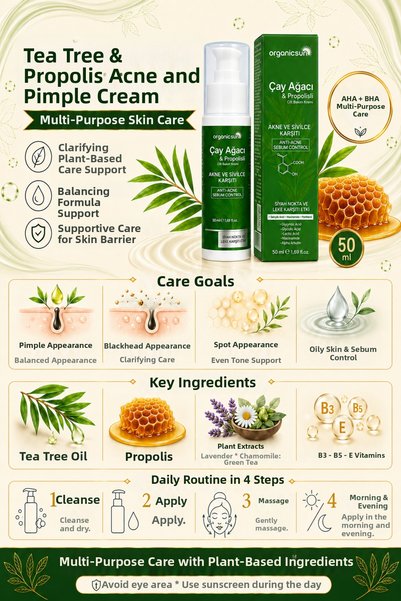 Organicsun Tea Tree and Propolis Anti-Acne and Anti-Blemish Skin Care Cream – Blackhead and Blemish Appearance Care 50 ml