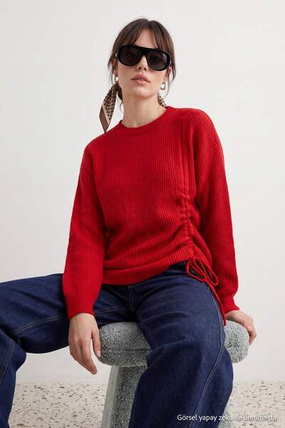 Trendyol Modest Red Thessaloniki Knitted Drawstring Detailed Sweater Tctaw25A...
