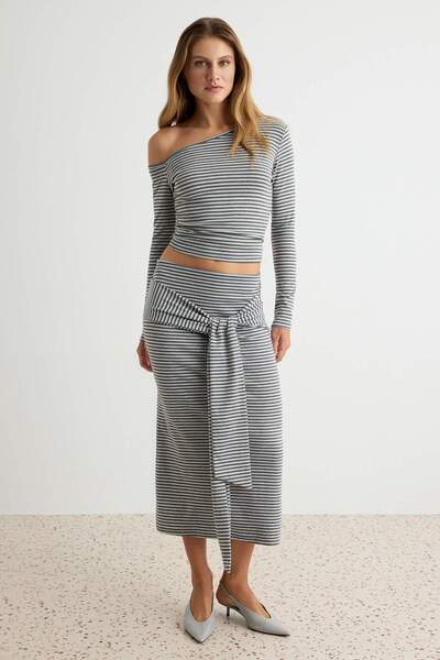 Trendyol Collection Multi-Colored Striped Fitted/Asymmetrical Neckline Soft K...