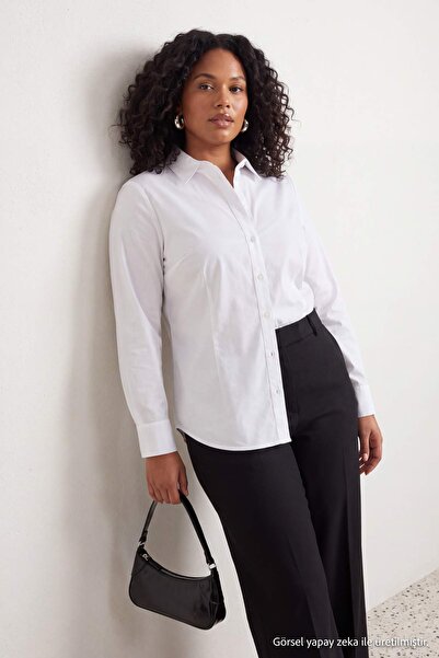Trendyol Curve White 100% Cotton Adjustable Waist Plus Size Shirt Tbbaw27Ax00012