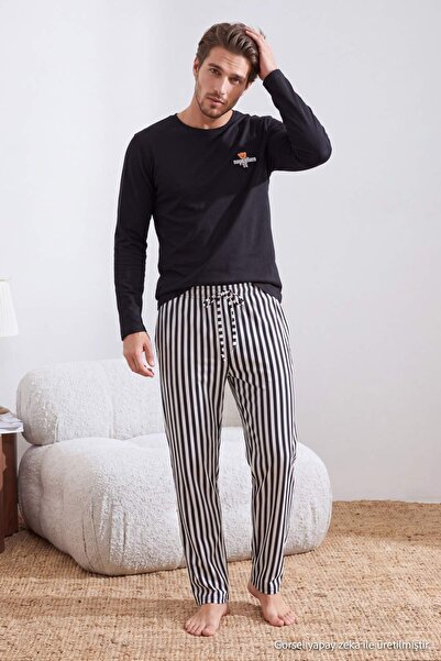 Trendyol Collection Black Regular Striped Knitted Pajama Set Tmnaw25Pt00049