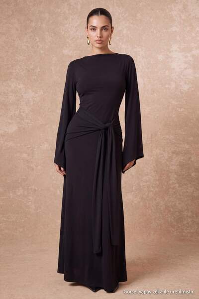 Trendyol Collection Black Tie-Waist Detailed A-Line/Flare Maxi Knitted Dress ...