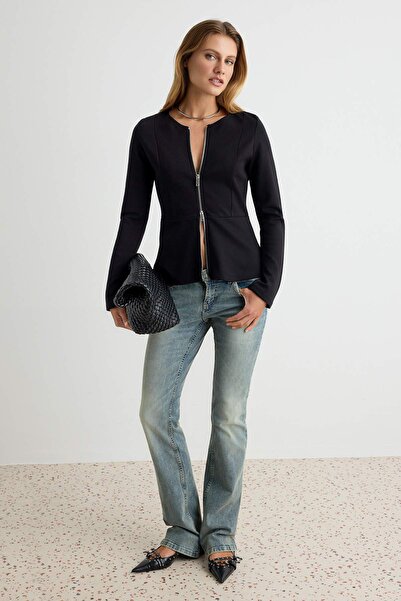 Trendyol Collection Black Plain Fitted Crew Neck Long Sleeve Interlock Knitte...