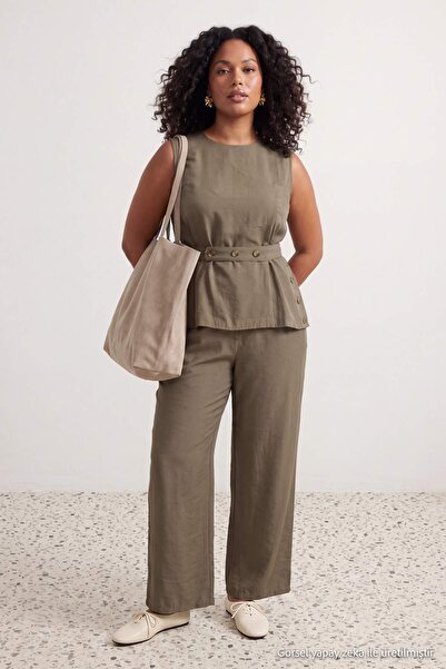 Trendyol Curve Khaki Waist-Fitted Button Detailed Woven Plus Size Top and Bot...