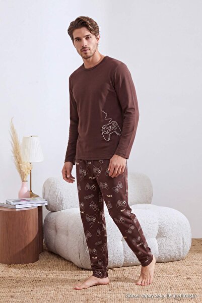 Trendyol Collection Brown Regular Fit Game Printed Knitted Pajama Set Tmnaw24...