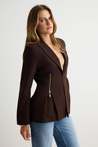 Trendyol Collection Dark Brown Zipper Detailed Woven Blazer Jacket Twoaw25Bc0...